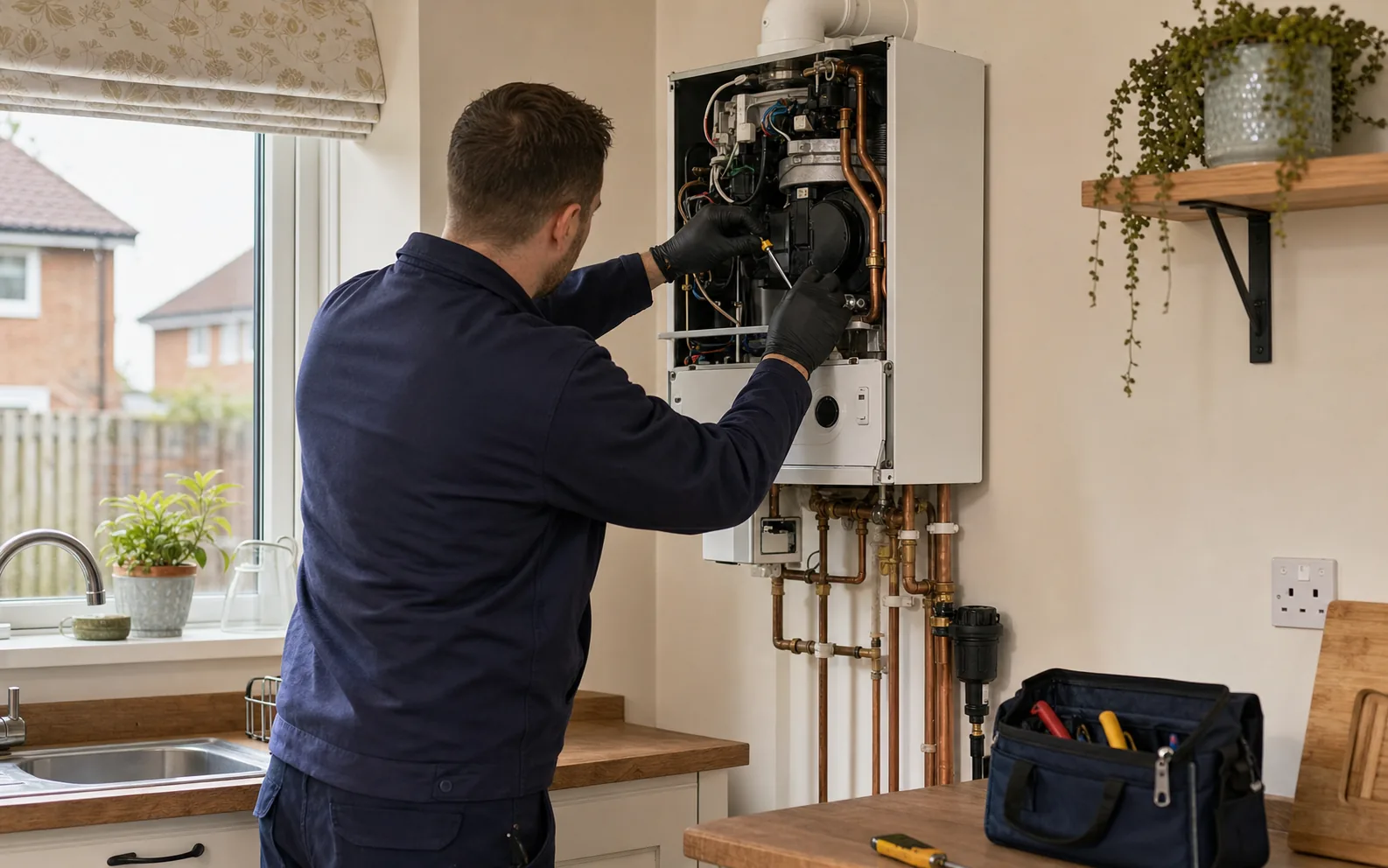 Heating engineer servicing an open wall-mounted boiler in a home